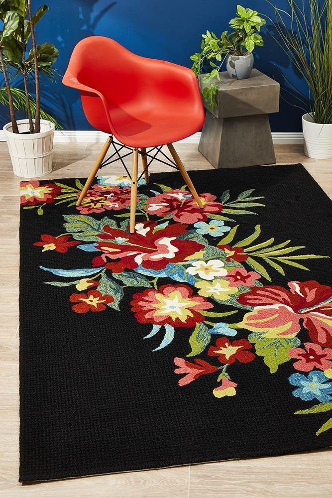 Copacabana Kelsey Bouquet Black Indoor Outdoor Rug - Cozy Rugs Australia
