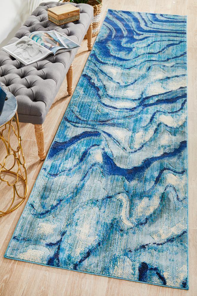 Dreamscape Waves Modern Indigo Runner Rug - Cozy Rugs Australia