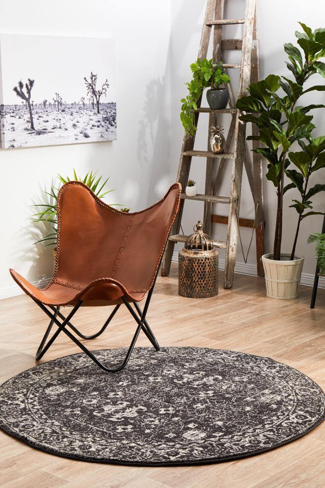 Evoke Estella Charcoal Transitional Round Rug - Cozy Rugs Australia