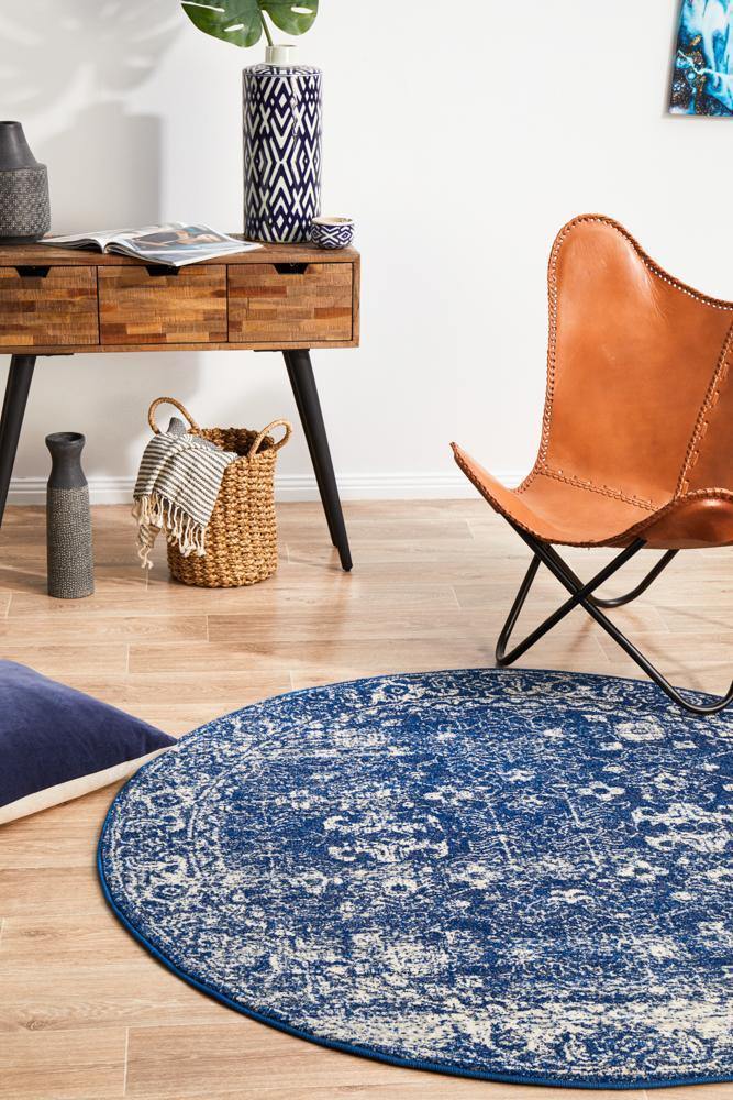 Evoke Oasis Navy Transitional Round Rug - Cozy Rugs Australia