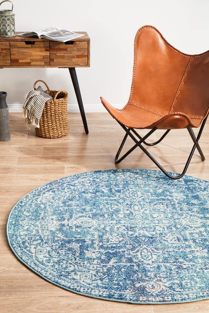 Evoke Muse Blue Transitional Round Rug - Cozy Rugs Australia