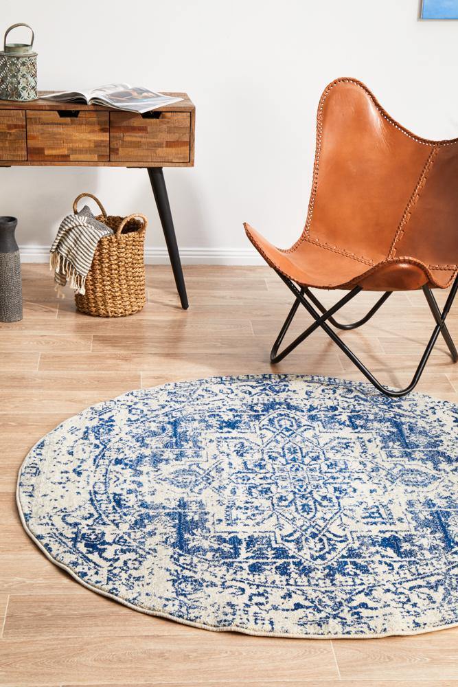 Evoke Horizon White Navy Transitional Round Rug - Cozy Rugs Australia