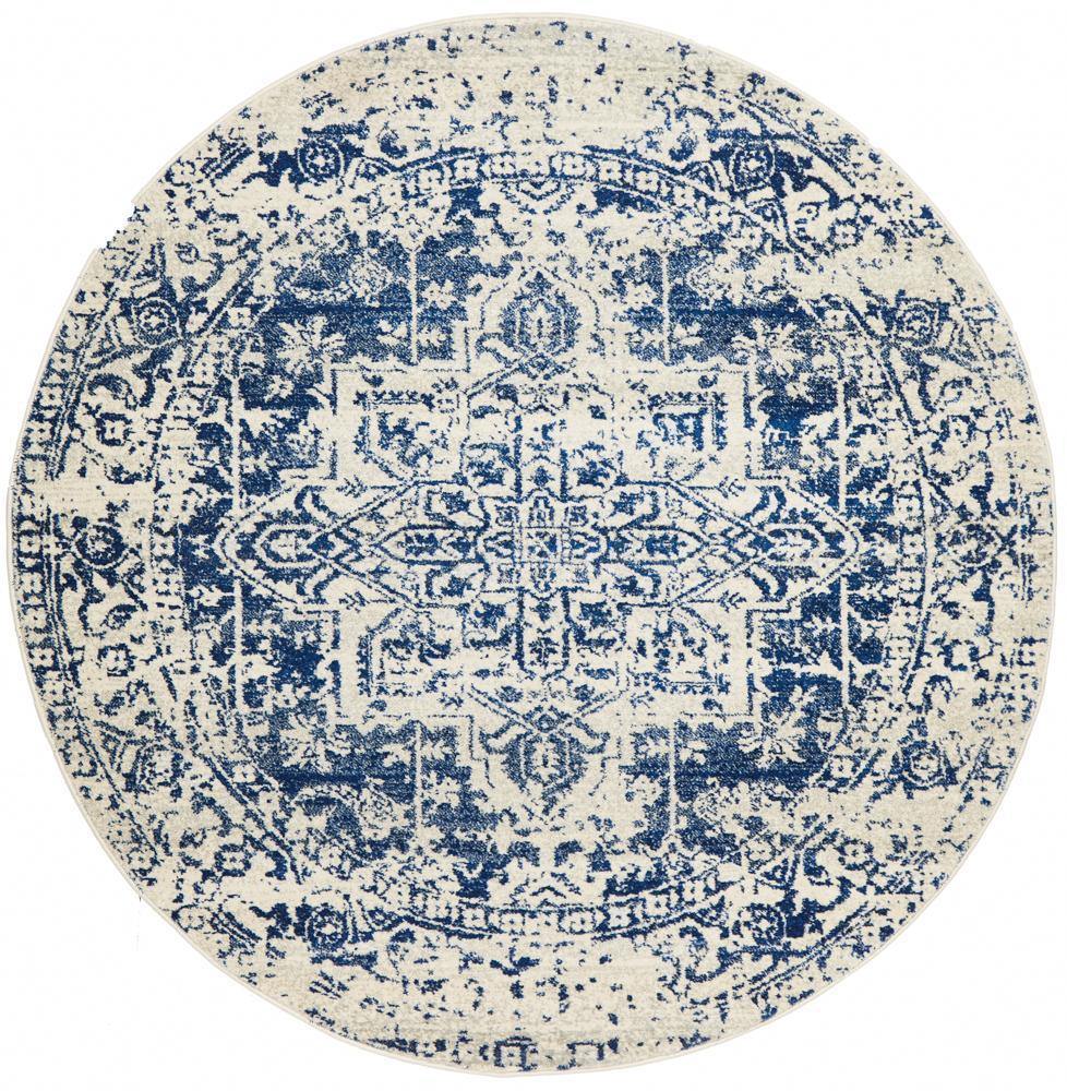 Evoke Horizon White Navy Transitional Round Rug - Cozy Rugs Australia