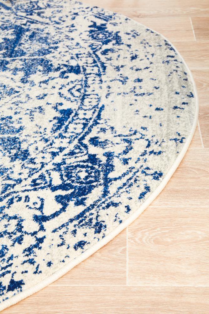 Evoke Horizon White Navy Transitional Round Rug - Cozy Rugs Australia