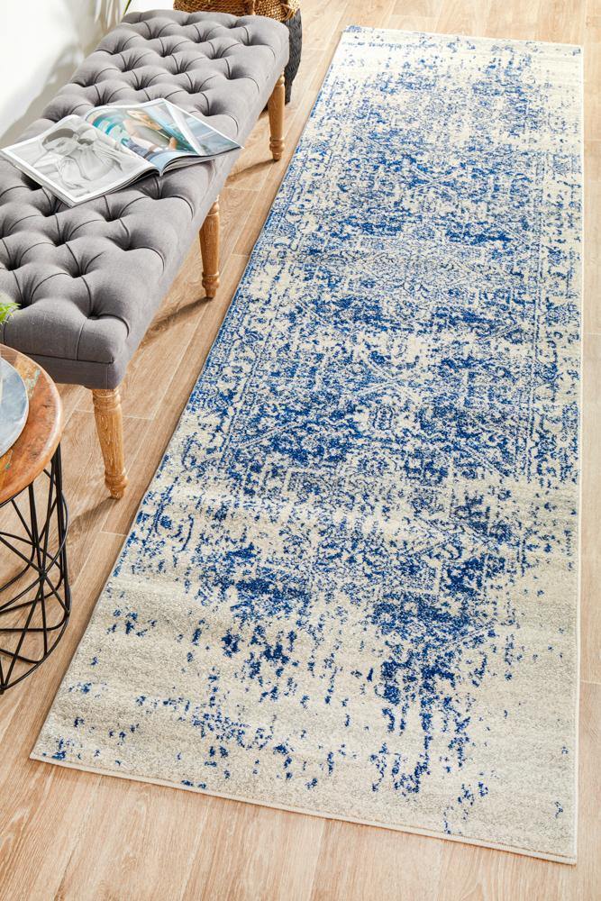 Evoke Horizon White Navy Transitional Runner Rug - Cozy Rugs Australia