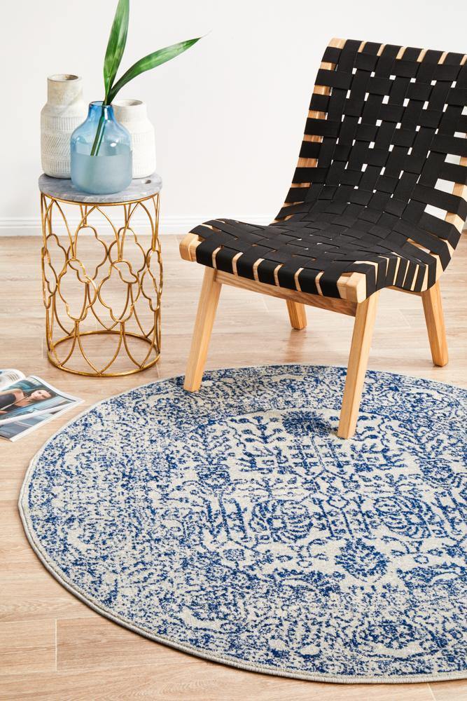 Evoke Frost Blue Transitional Round Rug - Cozy Rugs Australia