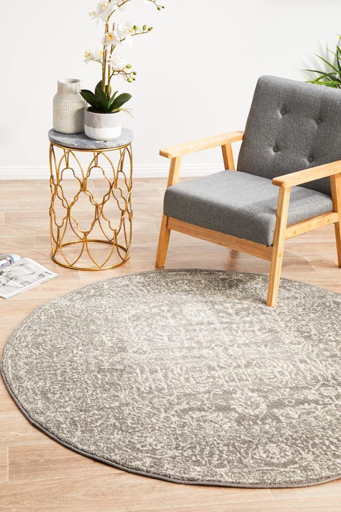 Evoke Homage Grey Transitional Round Rug - Cozy Rugs Australia