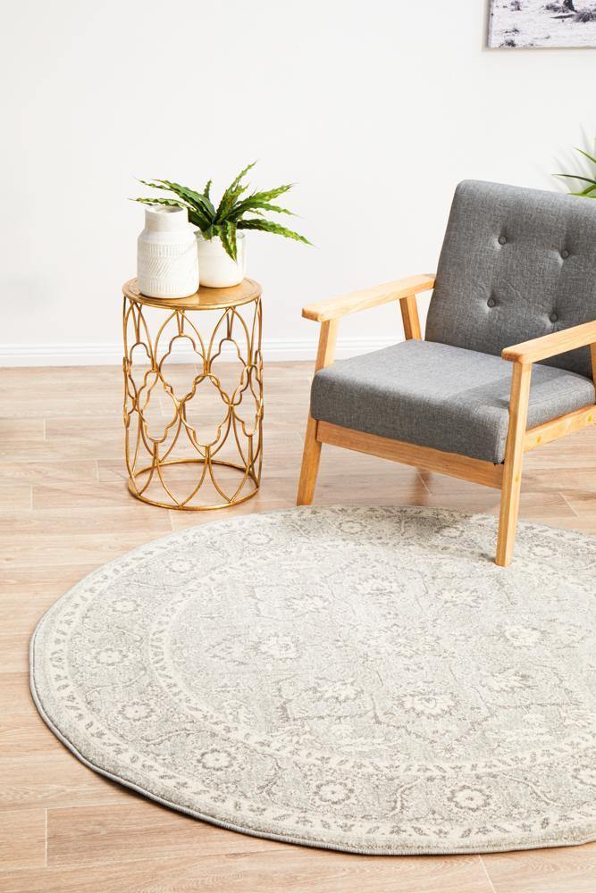 Evoke Silver Flower Transitional Round Rug - Cozy Rugs Australia