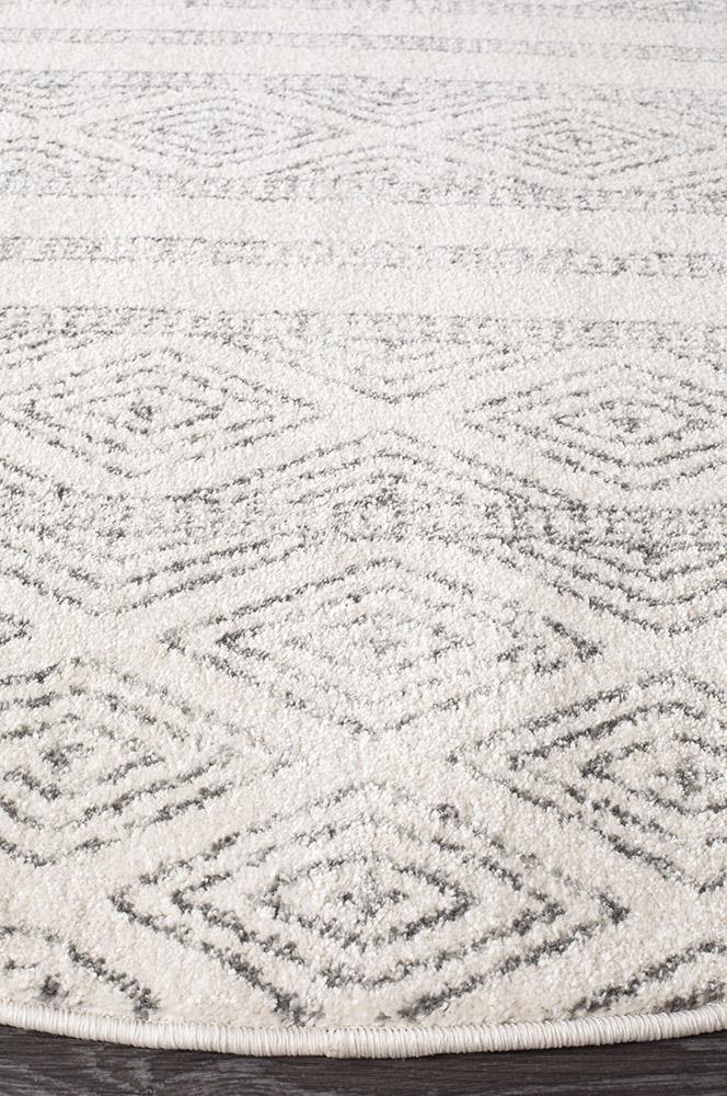 Oasis Salma White And Grey Tribal Round Rug - Cozy Rugs Australia