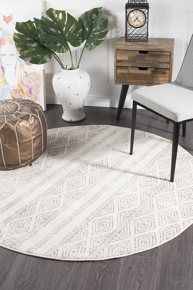 Oasis Salma White And Grey Tribal Round Rug - Cozy Rugs Australia