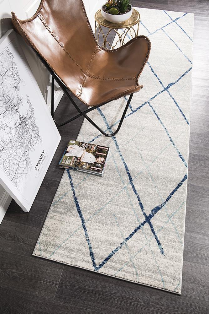Oasis Noah White Blue Contemporary Runner Rug - Cozy Rugs Australia