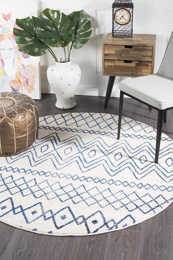 Oasis Nadia White Blue Rustic Tribal Round Rug - Cozy Rugs Australia