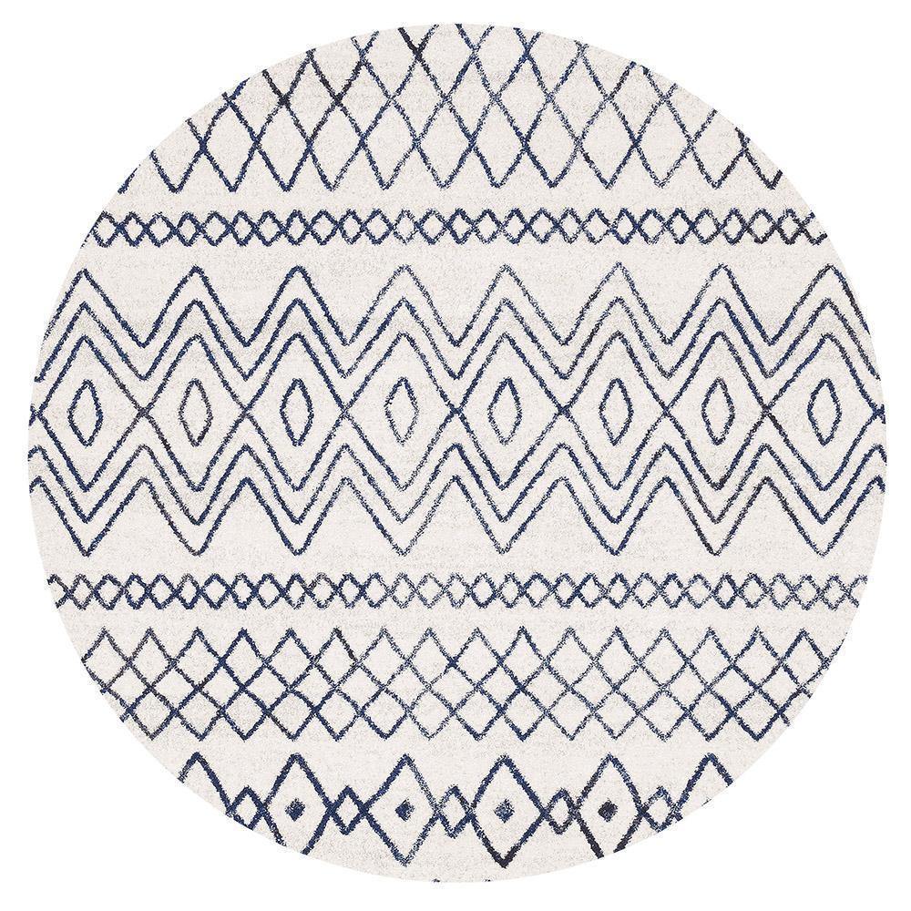 Oasis Nadia White Blue Rustic Tribal Round Rug - Cozy Rugs Australia