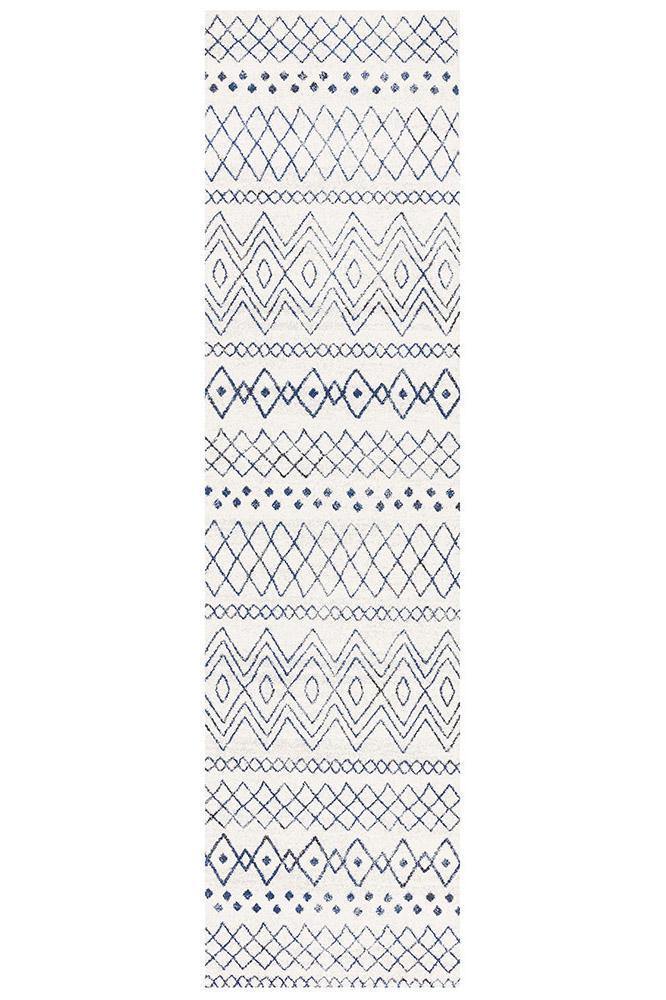 Oasis Nadia White Blue Rustic Tribal Runner Rug - Cozy Rugs Australia