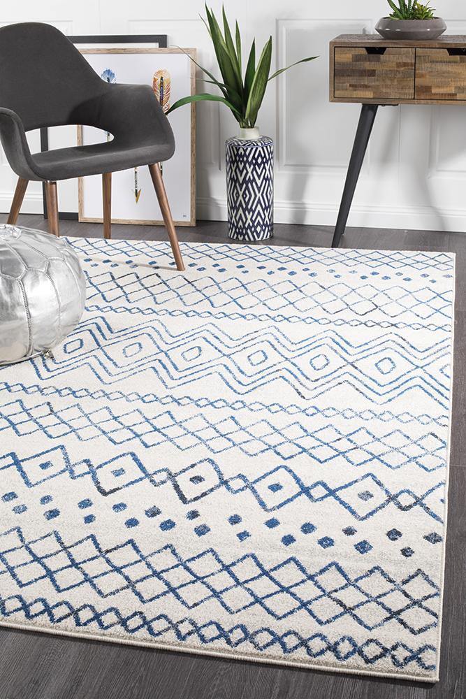 Oasis Nadia White Blue Rustic Tribal Rug - Cozy Rugs Australia