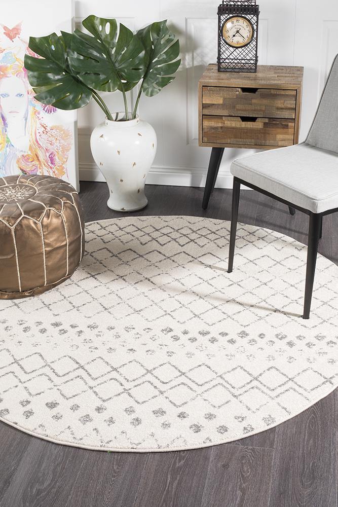 Oasis Selma White Grey Tribal Round Rug - Cozy Rugs Australia