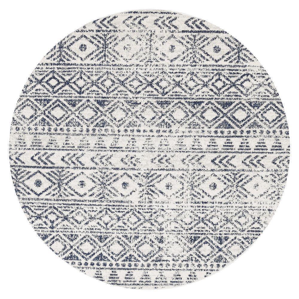 Oasis Ismail White Blue Rustic Round Rug - Cozy Rugs Australia