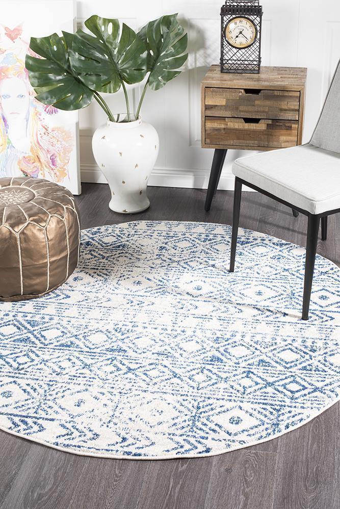 Oasis Ismail White Blue Rustic Round Rug - Cozy Rugs Australia