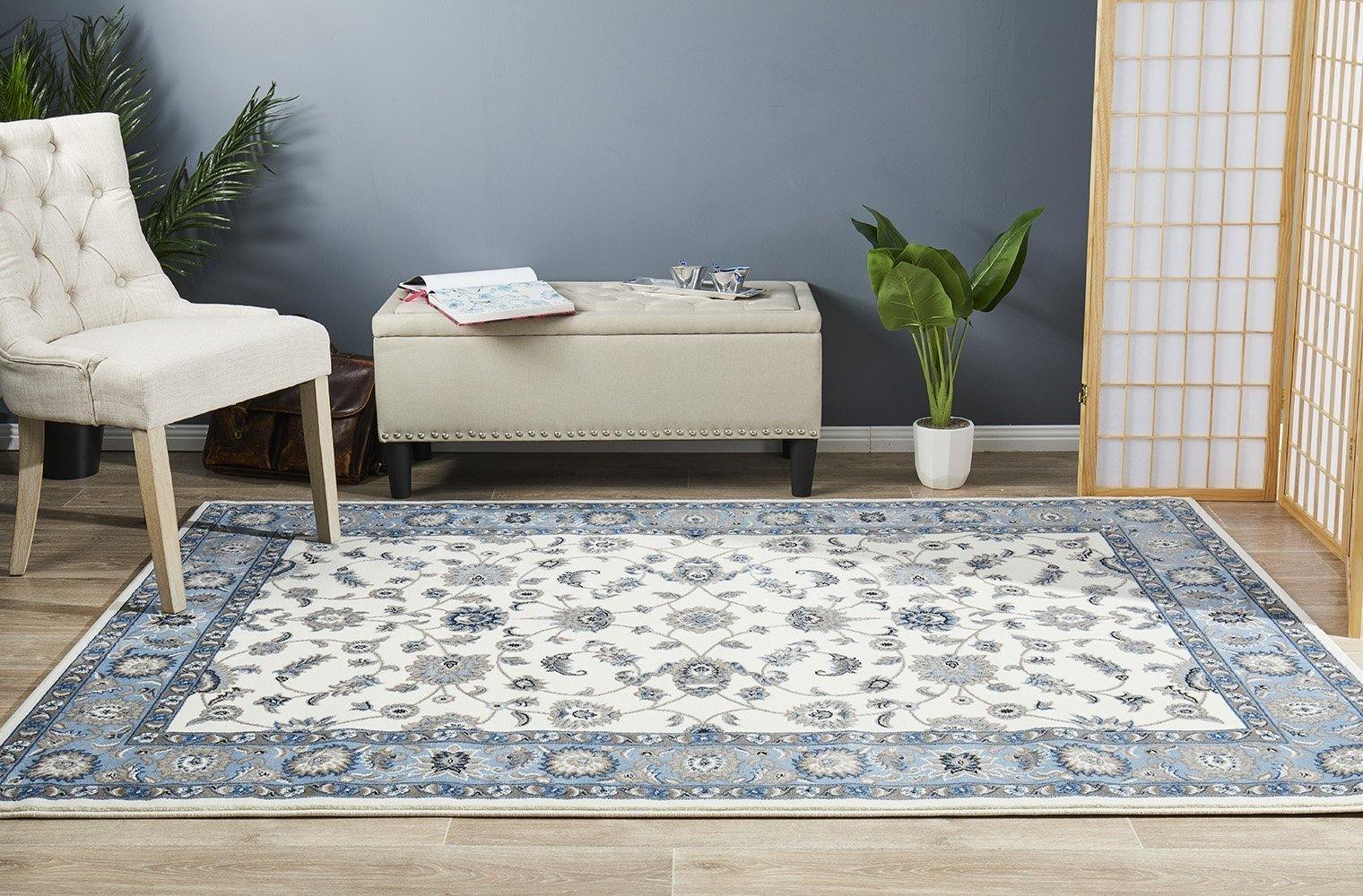 Sydney Collection Classic Rug White with Blue Border - Cozy Rugs Australia