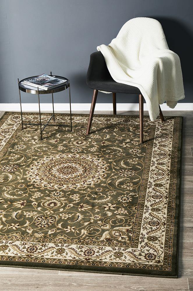 Sydney Collection Medallion Rug Green with Ivory Border - Cozy Rugs Australia