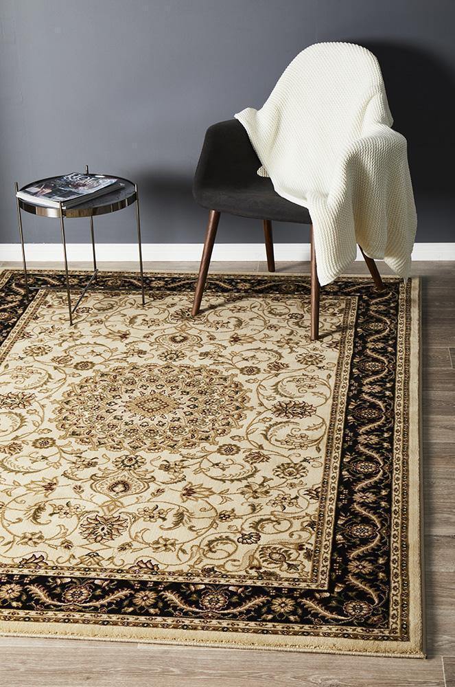 Sydney Collection Medallion Rug Ivory with Black Border - Cozy Rugs Australia