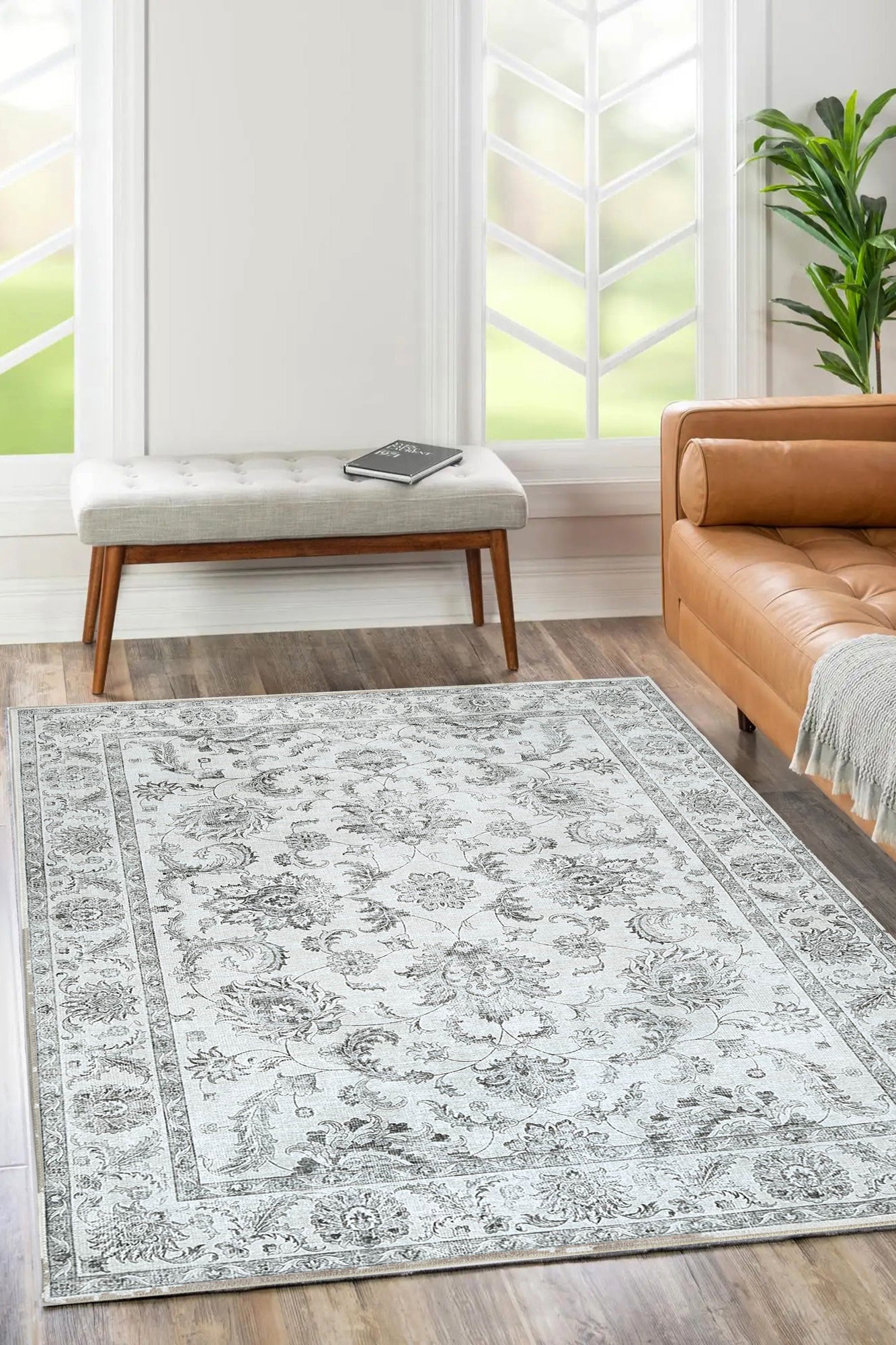 Victoria Grey Vintage Area Rug in living room