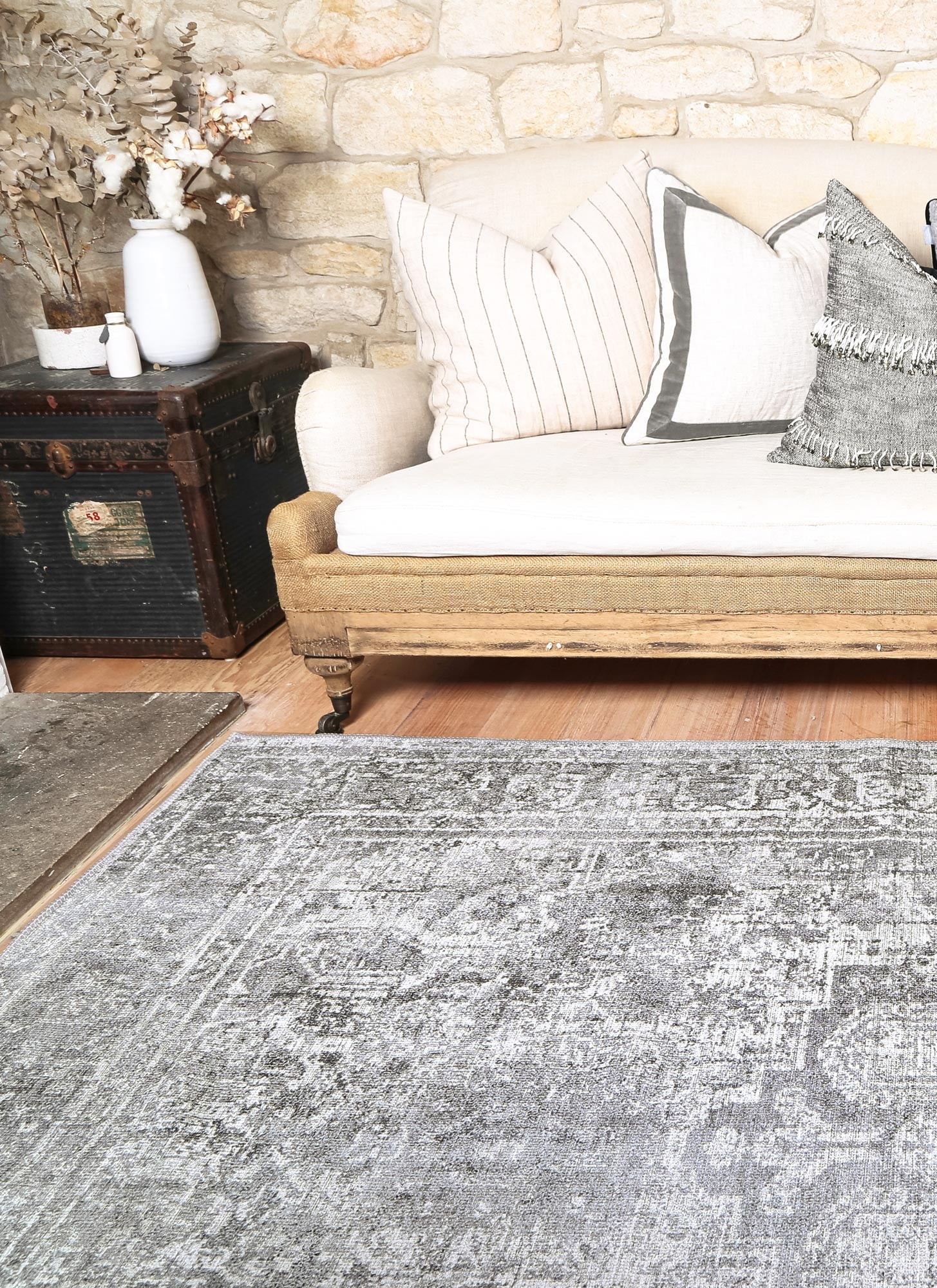 Distressed Vintage Chilaz Grey Rug side facing