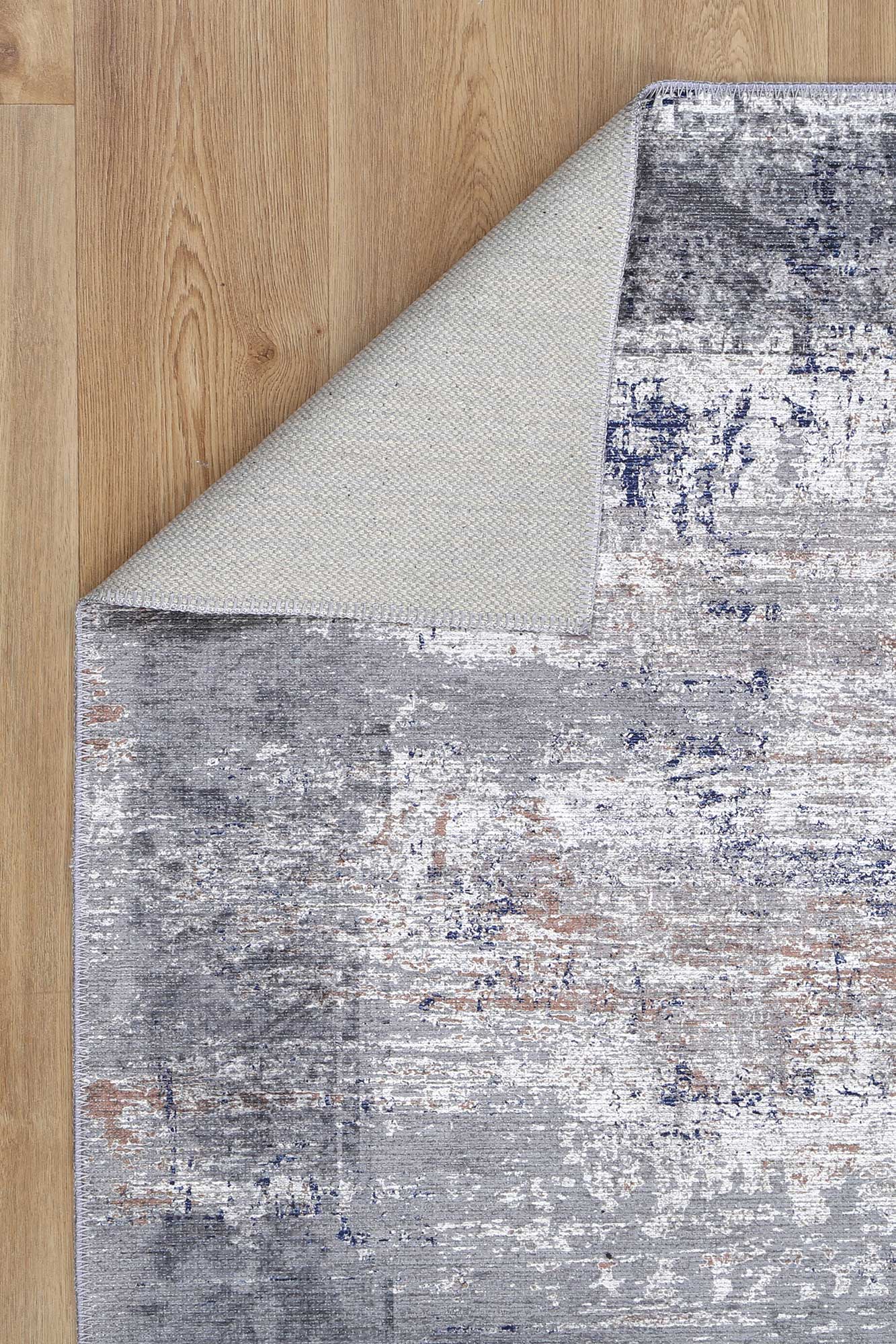 Abstract Border Echo Blue Grey Rug, Folded