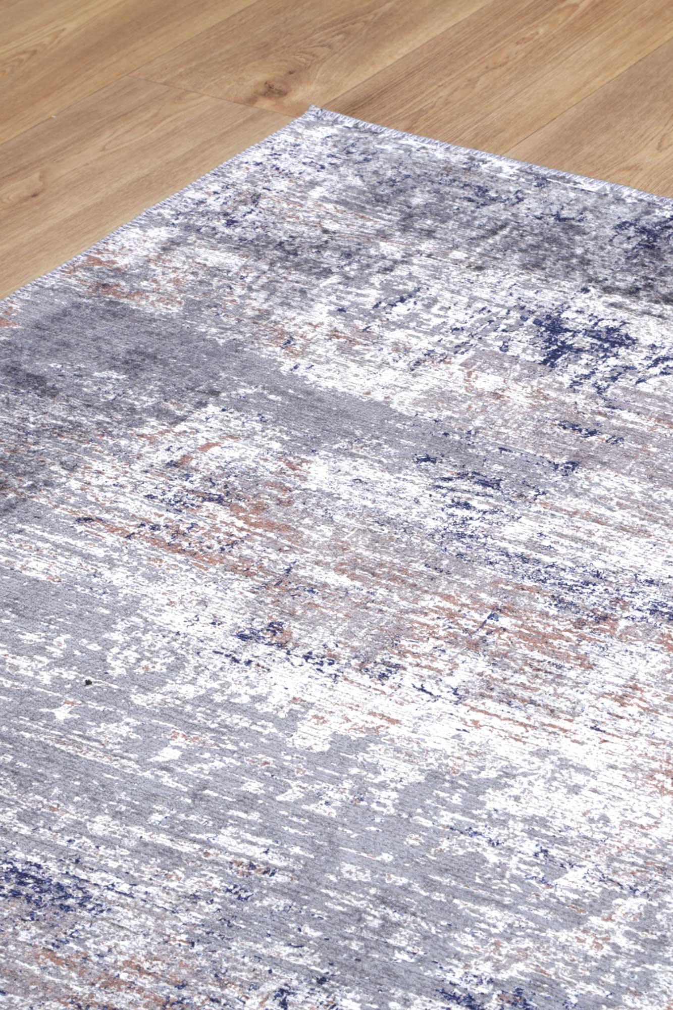 Abstract Border Echo Blue Grey Rug, On Floor