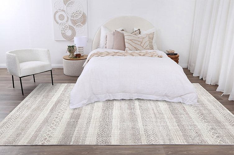 Mojave Lines Desert Beige Rug in bedroom