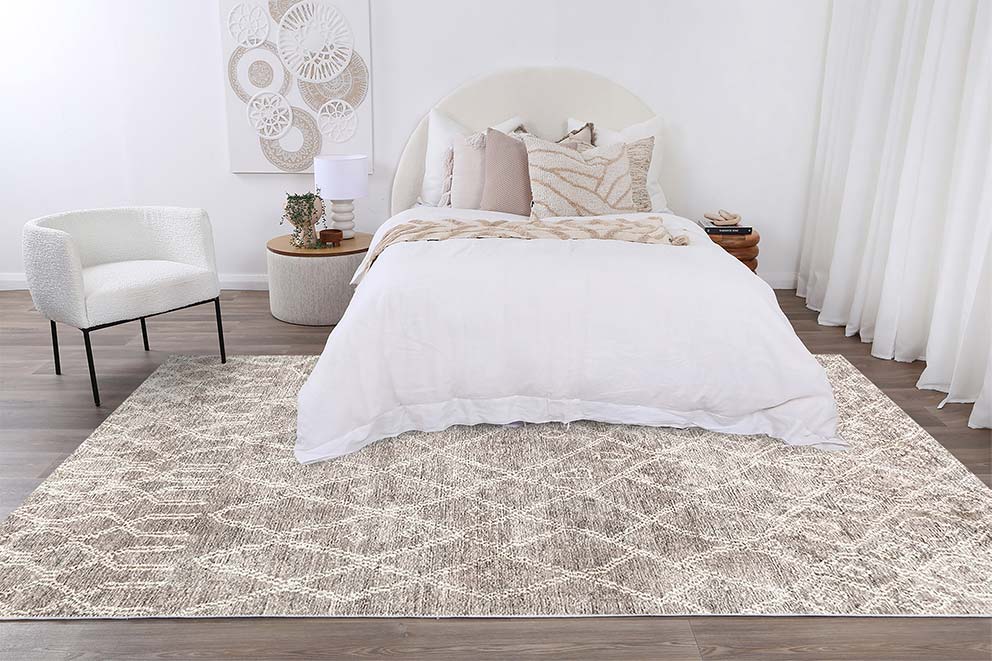 Nordic Nahla Beige Rug in bedroom