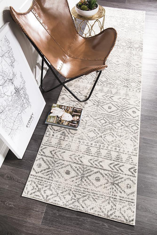 Oasis Ismail White Grey Rustic Runner Rug - Cozy Rugs Australia