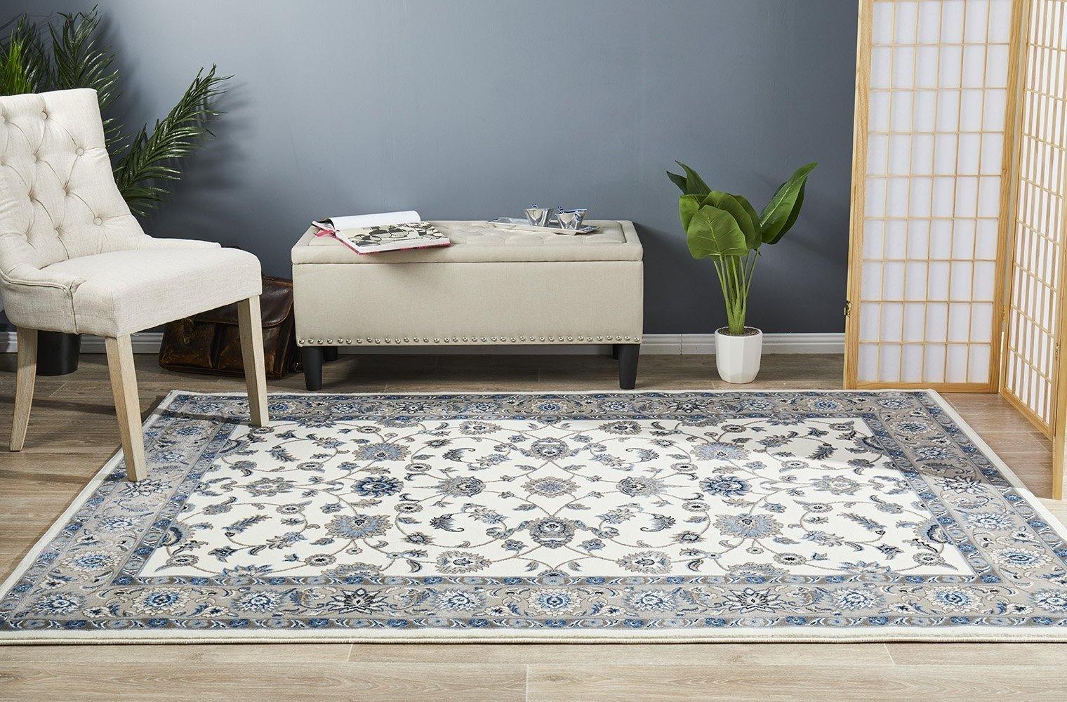 Sydney Collection Classic Rug White with Beige Border - Cozy Rugs Australia