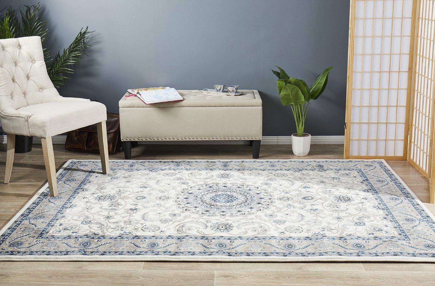Sydney Collection Medallion Rug White with Beige Border - Cozy Rugs Australia