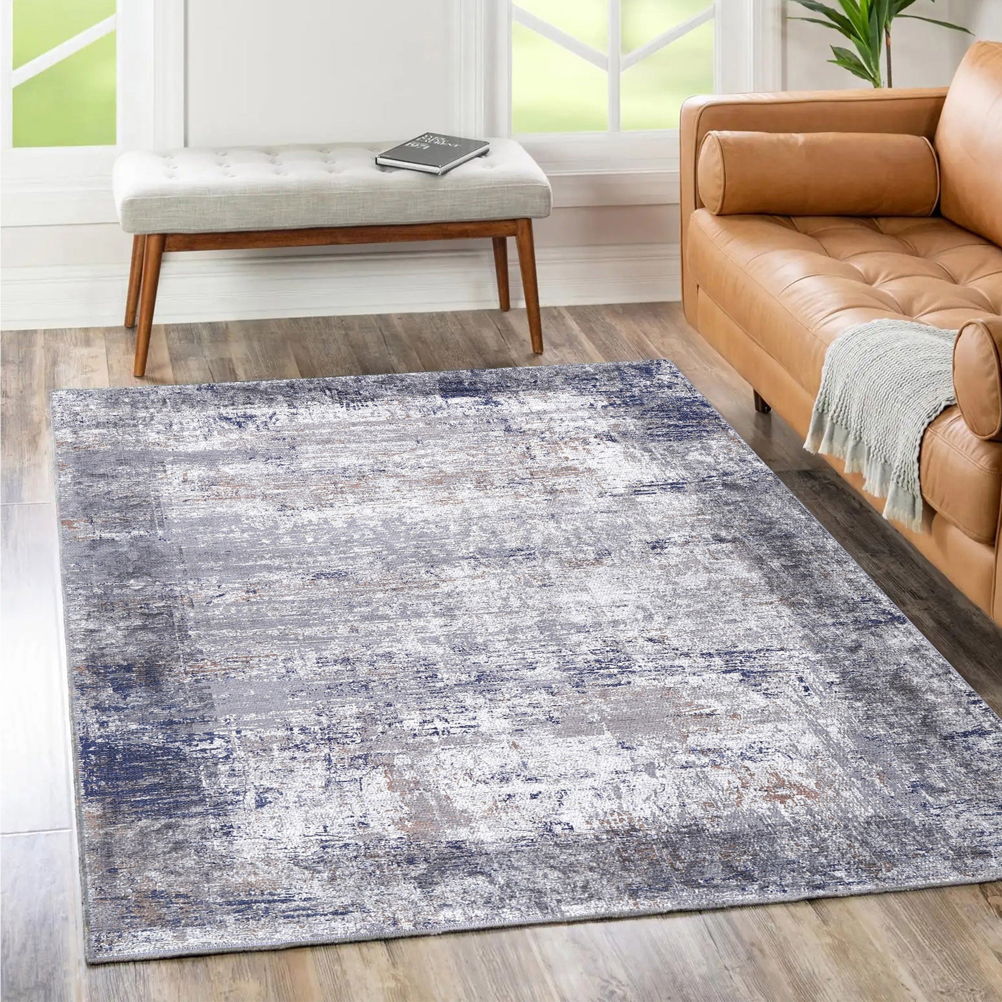 Abstract Border Echo Blue Grey Rug, On floor