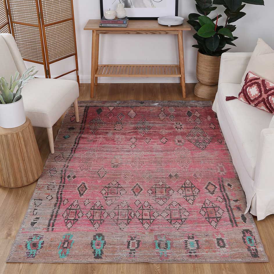 Vintage Chaima Tribal Rose Rug Runner in living room